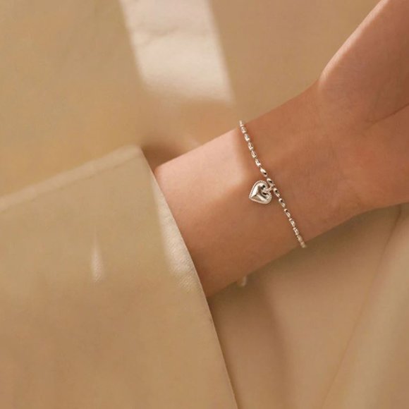 925 Sterling Silver Dainty Beaded Heart Bracelet - Picture 7 of 9